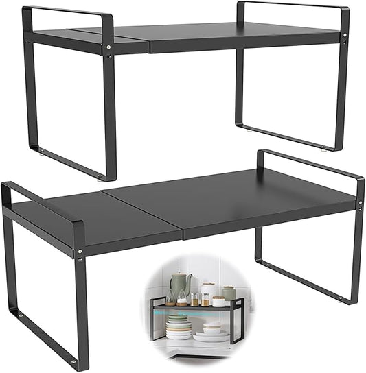 Adjustable Cabinet Shelves 9", Expandable 14~25" Metal Shelving for Pantry & Kitchen Organization, (2 Pack) Heavy-Duty Shelf Organizer, Fits Microwave, Spices, Countertop Storage