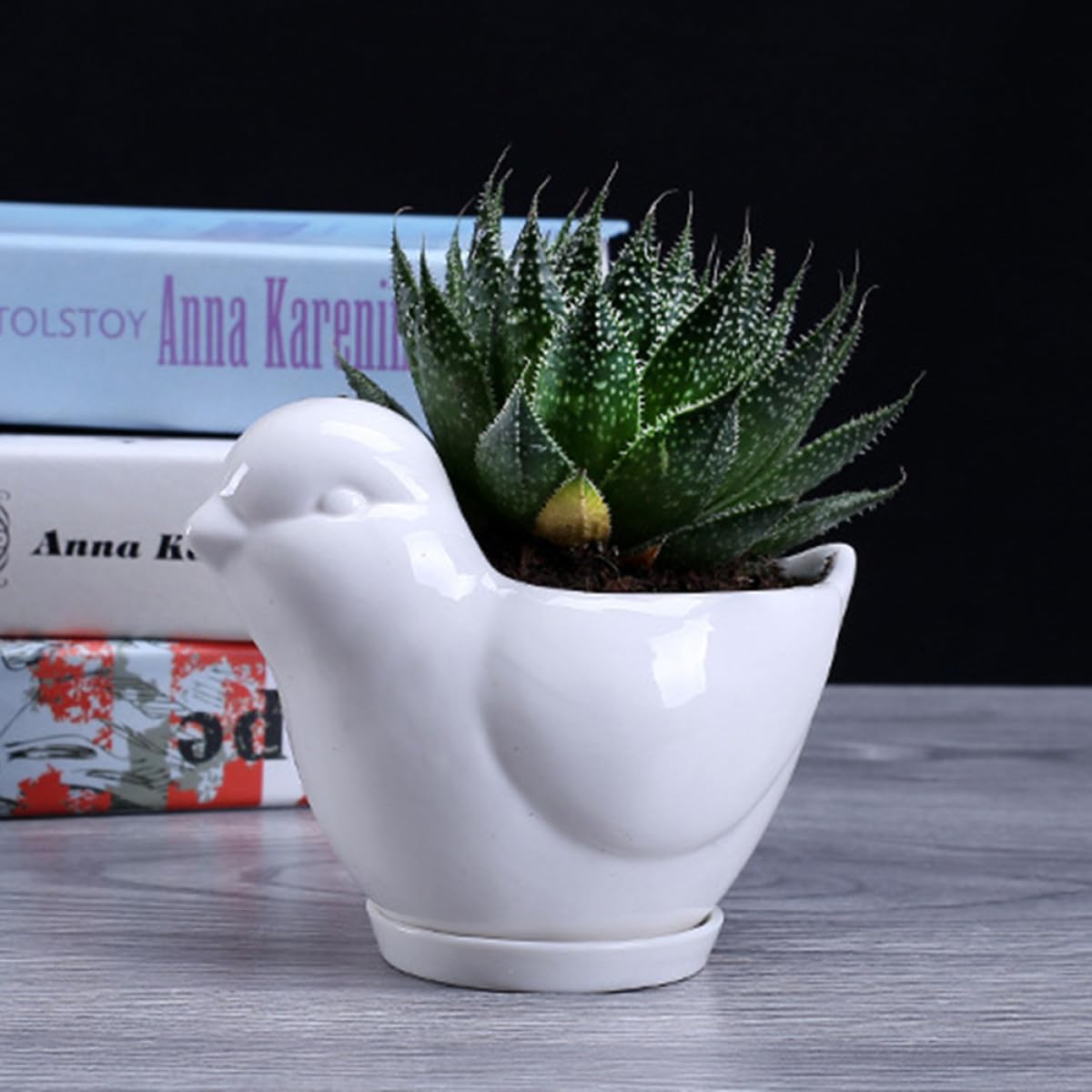 Yardwe Ceramic Bird Shape Succulent Plant Container with Tray Small White Flower Pot for Indoor Desktop Decor