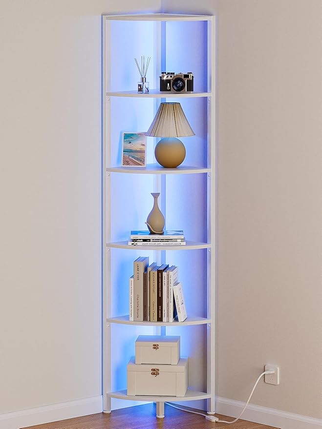 Furnulem 6 Tier Corner Shelf with LED Light, 67.5â Tall Standing Shelf Organizer, White Narrow Bookshelf with Storage Rack for Wall Corner, Living Room, Bedroom, Metal Frame, Wood Display Shelf
