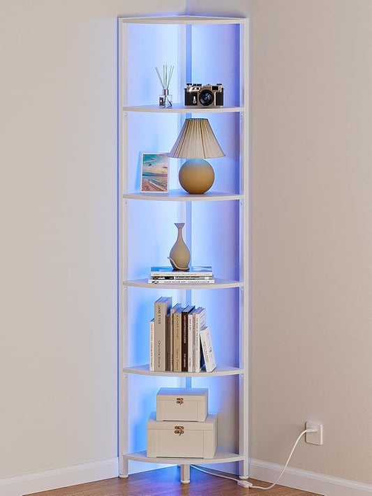 Furnulem 6 Tier Corner Shelf with LED Light, 67.5â Tall Standing Shelf Organizer, White Narrow Bookshelf with Storage Rack for Wall Corner, Living Room, Bedroom, Metal Frame, Wood Display Shelf