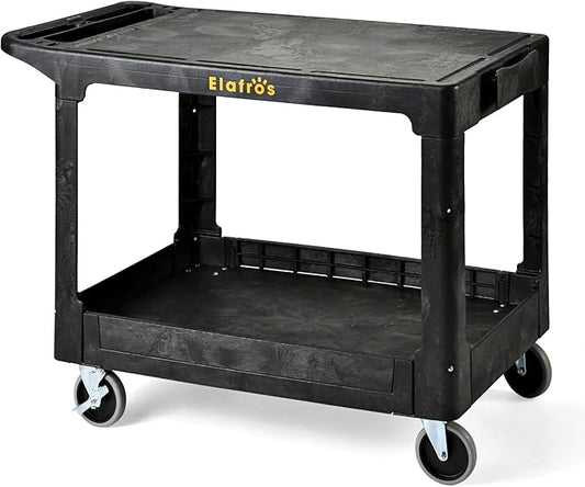 ELAFROS Large Heavy Duty Plastic Utility Cart Flat top 42.5 x 25 Inch - Work Cart Flat Shelves and Full Swivel Wheels Holds up to 550 lbs - 2 Tier Service Cart for Warehouse,Garage, Cleaning Black