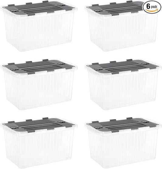 Superio Storage Bins with Lids- Clear Boxes for Organizing, Stackable Plastic Containers- BPA Free, Non-Toxic, Odor Free, Organizer for Home, Office, Dorm, 35 Quart (6 Pack, 20.25"x14"x10.5")
