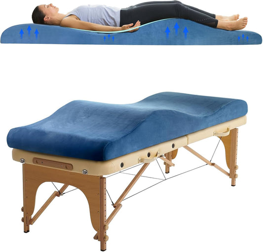 Ergonomic Curved Lash Bed Topper High Density Memory Foam Massage Table Pad with Soft Plush Velvet Cover, Non Slip Lash Bed Foam Topper for Beauty Salon/Spa/Massage (Blue, 70"×27.5")