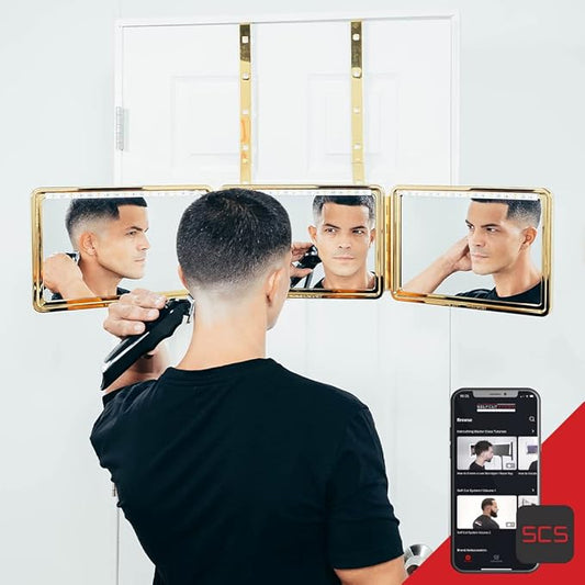 Self-Cut System Gold Plated 3 Way Mirror with Lights for Self Hair Cutting, Trifold Barber Mirror with Height Adjustable Hooks, 360 View, Includes Free Educational Mobile App (Kingâs Gold)