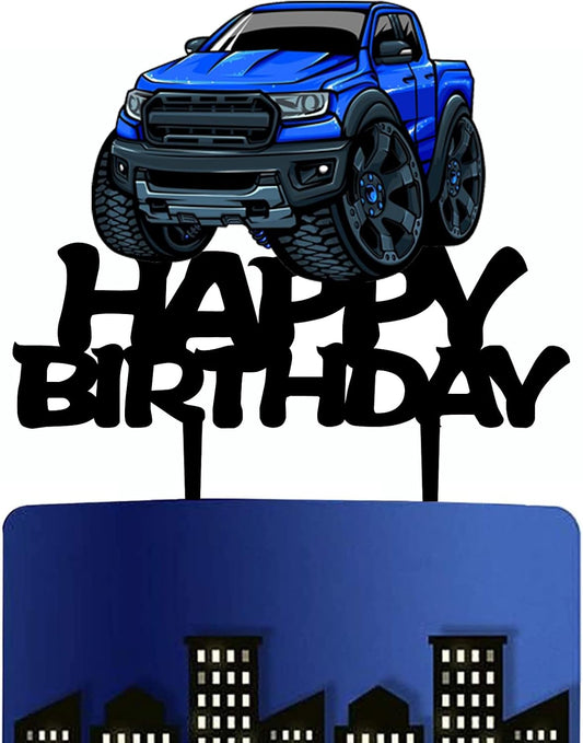 Pickup Truck Cake Topper Black Acrylic Transportation Theme Party Supplies, Pickup Truck Happy Birthday Cake Topper for Boy's Men' Birthday Party Decorations（Blue）