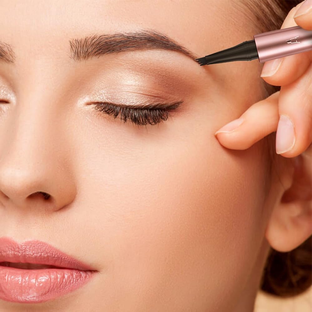 Microblading Eyebrow Pen, New 3D Microblading Eyebrow Pencil, Waterproof Eye Brow Pen with 4 Tip, Natural Magic Eyebrow Makeup Fine Stroke Contouring Pencil Long-Lasting Stay on All Day (Gray)