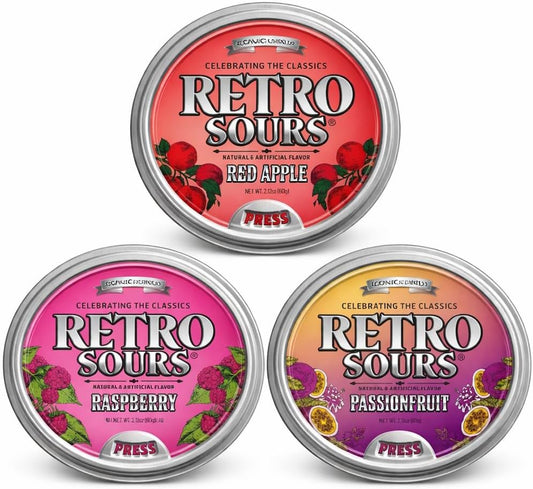 Retro Sours Candy Variety Pack (3 Pack) Hard Tangy Candy Assorted Flavors – Raspberry, Red Apple & Passionfruit – Tin Candy Bundle (Red Apple Raspberry Passionfruit 3 Pack)