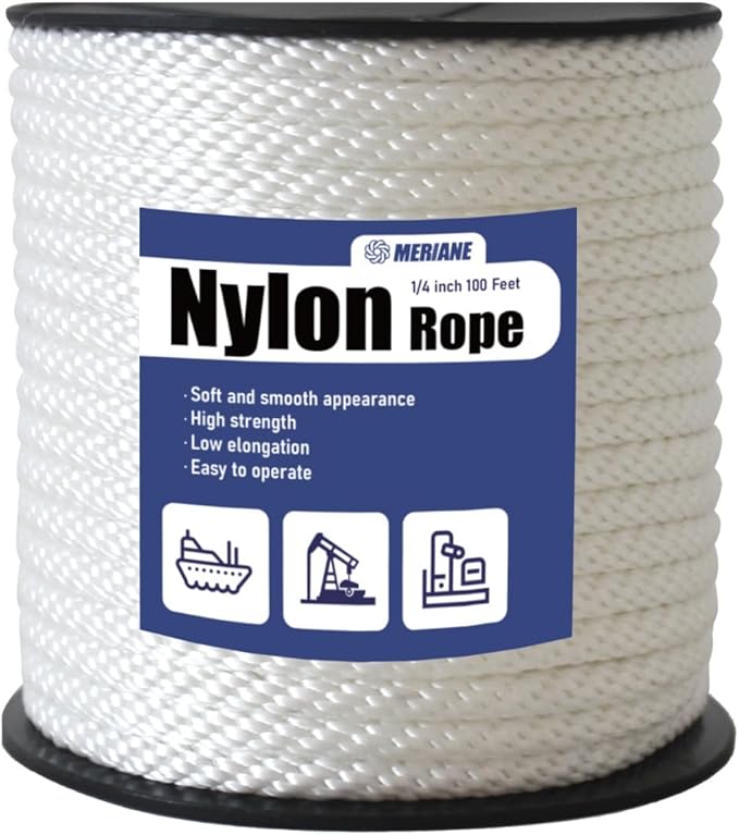 MERIANE Nylon Rope 100 Ft 1/4 Inch â Multipurpose Solid Braided Rope â Abrasion & UV Resistant â Ideal for Camping, Clothesline, Marine, Flag Line - Shock Absorption for Indoor Outdoor