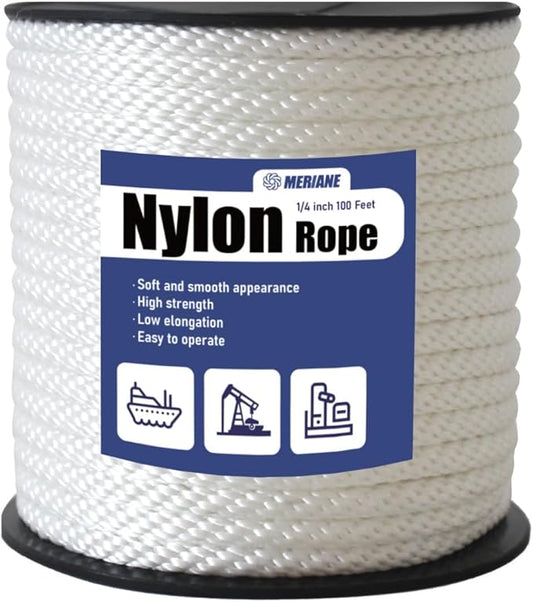 MERIANE Nylon Rope 100 Ft 1/4 Inch â Multipurpose Solid Braided Rope â Abrasion & UV Resistant â Ideal for Camping, Clothesline, Marine, Flag Line - Shock Absorption for Indoor Outdoor