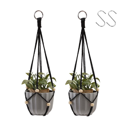 Artilady Black Hanging Planter for Indoor Plants Macrame Plant Hanger Large Hanging Plant Holder Basket with Adjustable Beads Outdoor Window Boho Plant Wall Decor (Black Bead-2pcs)