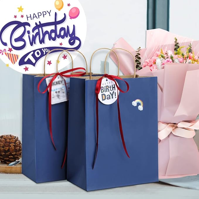 BagDream Navy Blue Gift Bags 8x4.25x10.5 100Pcs Kraft Paper Bags with Handles Bulk Medium Size for Shopping, Party Favor, Retail Merchandise Grocery Paper Sacks