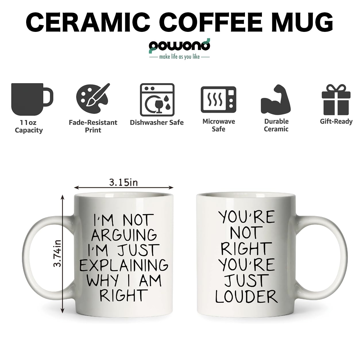 powond Couple Coffee Mugs Set of 2, 11oz Ceramic Cups with Funny Quote Design, Dishwasher & Microwave Safe, Ideal Gift for Anniversary, Wedding, Valentine’s Day, Husband and Wife, Him and Her