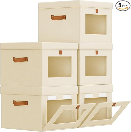 Storage Bins with Lid â Closet Organizer with Side Opening and Clear Window, Foldable Stackable Fabric Basket for Clothes, Home, Office - 13.77" x 11.8" x 9.8", 5 Pack, Beige