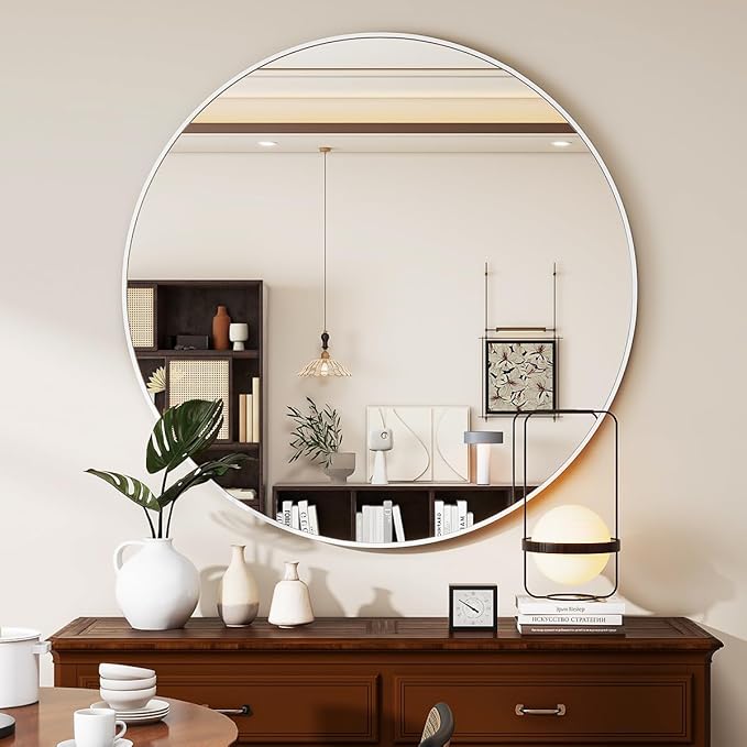 White Round Mirror, 30 Inch Circle Bathroom Mirror with Metal Frame, Wall-Mounted for Entryway, Bathroom, Vanity, Living Room
