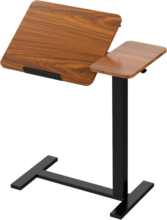 DUMOS Overbed Bedside Table Adjustable with Wheels, Mobile Standing Stand Up Rolling Laptop PC Desks with Tilting Top Height Tray Side Computer Workstation for Bedroom on Hospital Home Use, Brown