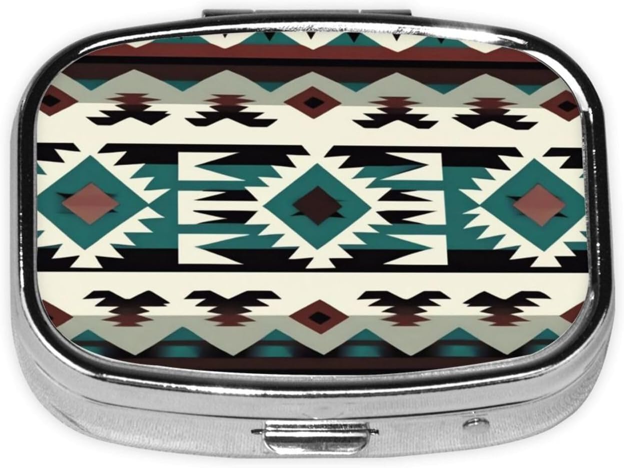 Teal Turquoise Tribal Navajo Aztec Geometric Ethnic Pattern Portable Pill Box for Pocket or Purse Pill Case Decorative Metal Medicine Vitamin Organizer