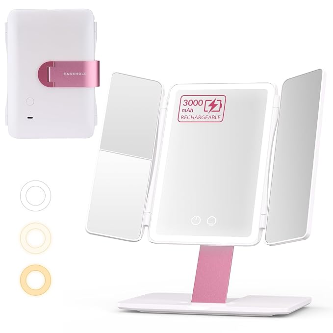 EASEHOLD Foldable Tri-Fold Lighted Makeup Vanity Mirror with 60 LED Lights, 1X/2X/3X Magnification, Touch Control Dimming, 3000mah Rechargeable, 360Â° Rotation, Portable Travel Folding Compact Mirror