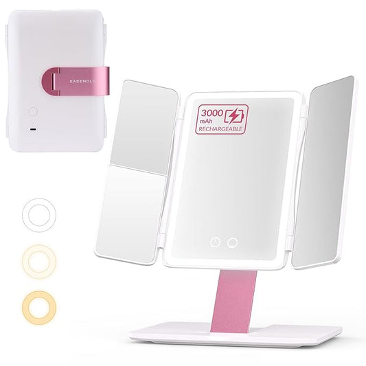 EASEHOLD Foldable Tri-Fold Lighted Makeup Vanity Mirror with 60 LED Lights, 1X/2X/3X Magnification, Touch Control Dimming, 3000mah Rechargeable, 360Â° Rotation, Portable Travel Folding Compact Mirror