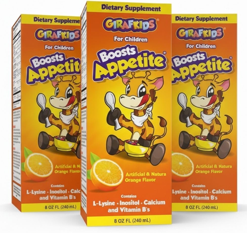 GirafKids Appetite Booster Syrup for Kids, Pack of 3 - Liquid Multivitamins L-Lysine, Inositol, Calcium - Appetite Vitamins for Children