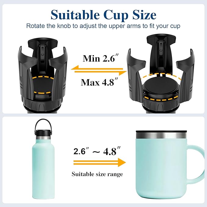 Car Cup Holder Expander, Cup Holder Extender Adapter with Expandable Arm and Adjustable Base, Compatible with Yeti Ramblers, Hydro Flasks, Stanley, Owala Most Coffee Mugs Bottles & Cups (CUP-B-1pack)