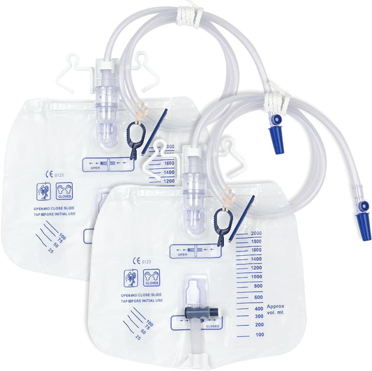 2 Pack Urinary Drainage Bag with Anti-Reflux Chamber, 2000ml Large Capacity, 48" Drainage Tube, Professional Urine Bags with Clips and Hanging Hook, Catheter Bags for Men