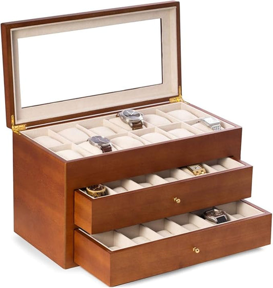 Bey-Berk Duke Cherry Wood Watch Box â 36 Slot Organizer with Glass Top, 2 Drawers & Velour Lining for Storage