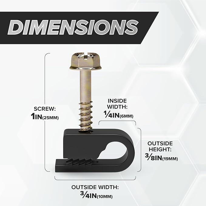 THE CIMPLE CO Single Cable Clips with Screws - 1/4 Inch Coaxial Cable Clamps Outdoor - Exterior Cord Management for Coax, CAT Ethernet, Electrical Wire - Screw Clamps for Wires - 100 PCS, Black