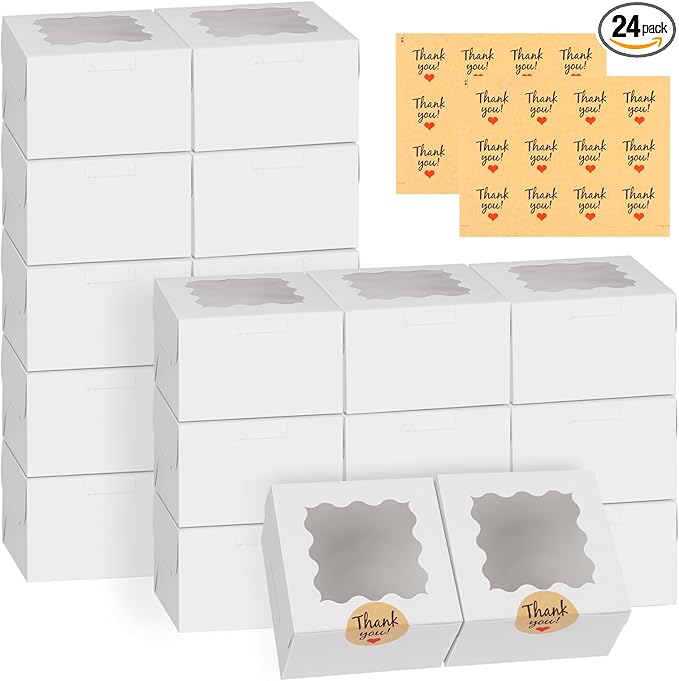 WINKIO 24pcs White Cookie Boxes, 4x4x2.5 Inches Bakery Boxes with Window, for Mini Cake Treat Dessert Pastry Donuts Macaroon Strawberries Chocolate Candy (with Stickers)