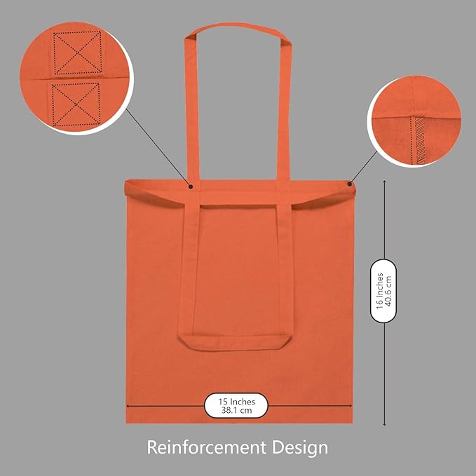 TOPDesign 12-Pack Economical 16"x15" Orange Cotton Tote Bag, Lightweight Medium Reusable Grocery Shopping Cloth Bags, Suitable for DIY, Advertising, Promotion, Gift, Activity