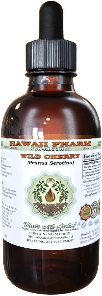 Hawaii Pharm Wild Cherry Alcohol-Free Liquid Extract, Professional Grade, Small Batch Crafted Wild Cherry (Prunus Serotina) Dried Bark Glycerite Natural Herbal Supplement, 2 fl.oz