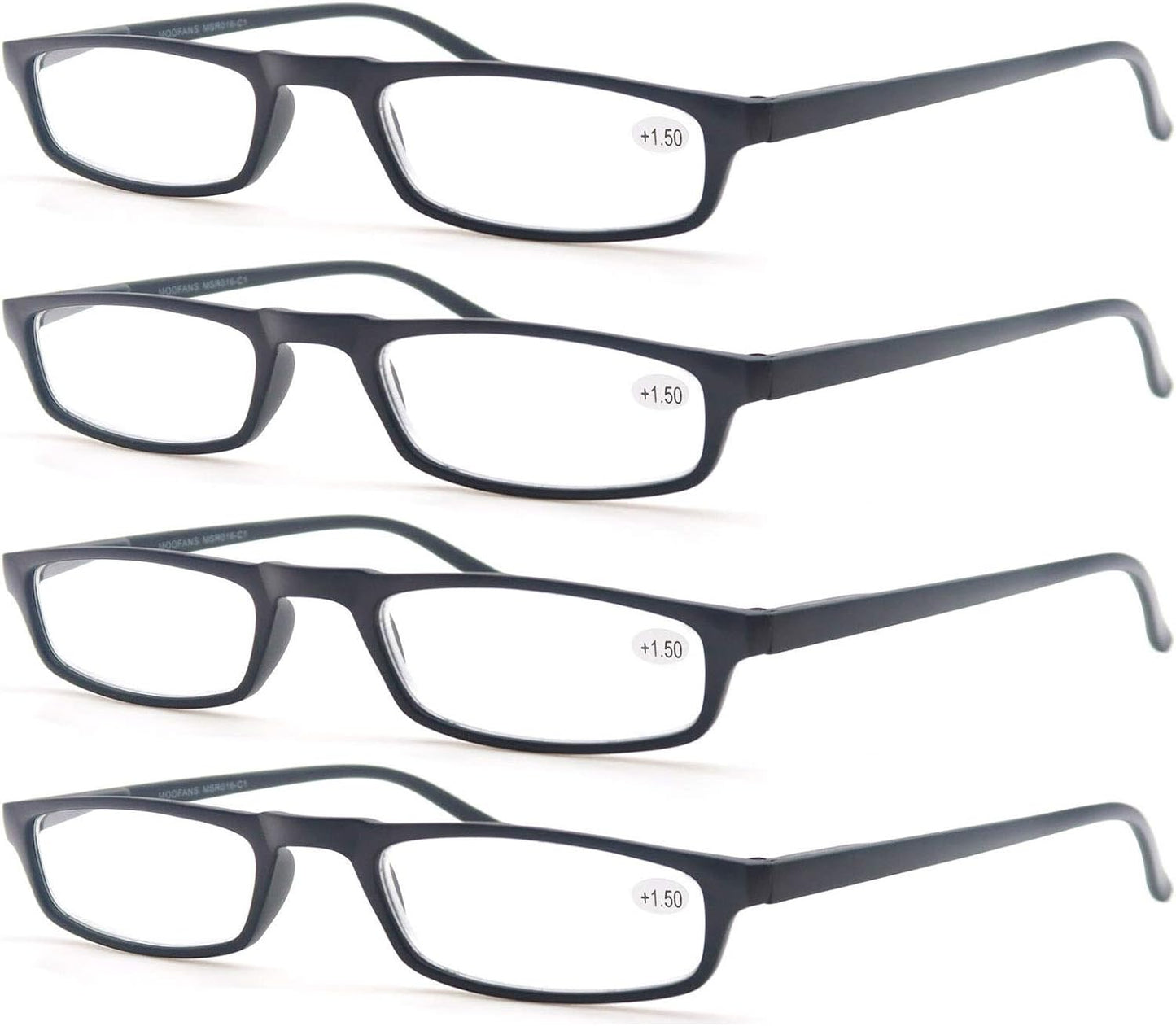 MODFANS Reading Glasses Black +1.5-4 Pairs Fashion Readers Narrow Frame Spring Hinge for Men Women