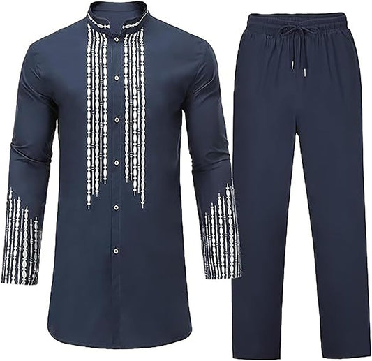 Muslim Clothes for Men 2 Piece Set Cotton Linen Kaftan Button Down Long Sleeve Print Kurta Drawstring Pants