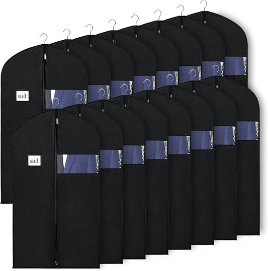 KEEGH 40" Suit Bags for Closet Storage (Set of 16) Garment Bags for Hanging Clothes, Suit Cover Bags for Suits Coats Dress with Zipper and Transparent Window, Black