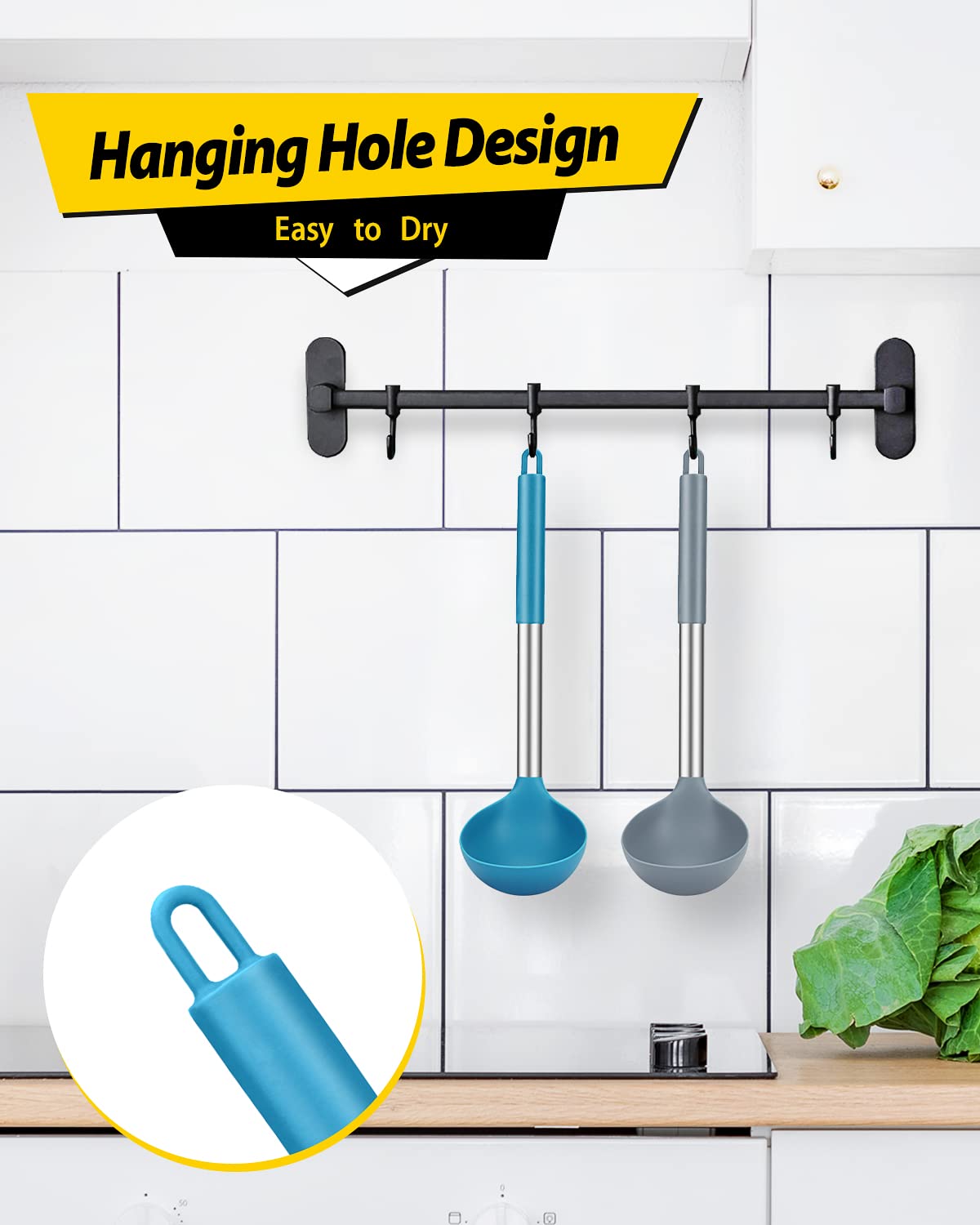 Pack of 2 Ladle Spoon,Silicone Large Spoon for Soup,Non Stick Kitchen Utensils with High Heat Resistant,BPA Free Perfect Kitchen Tools for Cooking, Stirring,Serving Soups (GREY-BLUE)