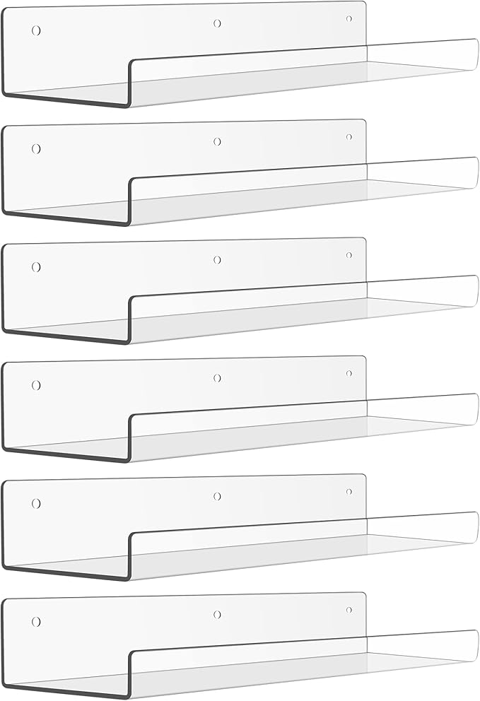 upsimples 6 Pack Acrylic Shelves for Wall Storage, 15" x 4â Floating Bookshelves for Kids, Display Shelf Organizer for Bathroom, Bedroom, Living Room, Kitchen, Room Decor, Clear