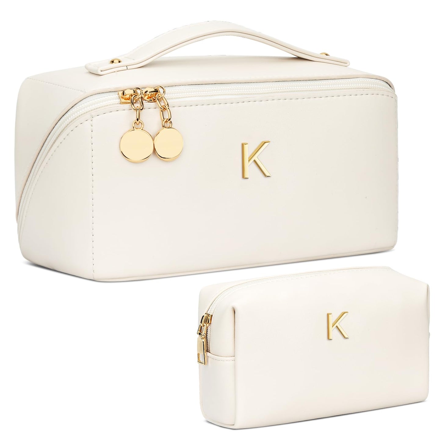 CLOUDWINGS Birthday Gifts for Women Teen Girl, Personalized Initial Makeup Organizer Bag Set, Open Flat Travel Cosmetic Bag With Clear Divider and Handle(Beige,K)
