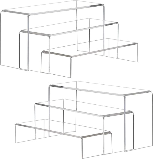 ANDGOO Display Risers, 6 Pcs(7.9âL~8.3âL~8.7âL) Rectangular Clear Acrylic Showcase Collectibles Display Stands Suitable for Retail Shoe Showcase Jewelry Funko Pop Figures