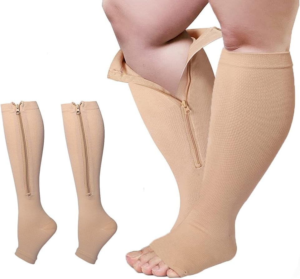 1 Pair Plus Size Compression Socks with Zipper for Women Men, Open Toe Support Socks for Varicose Veins