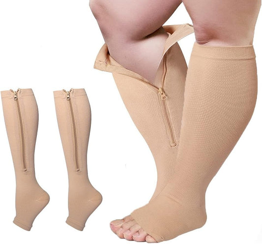 1 Pair Plus Size Compression Socks with Zipper for Women Men, Open Toe Support Socks for Varicose Veins