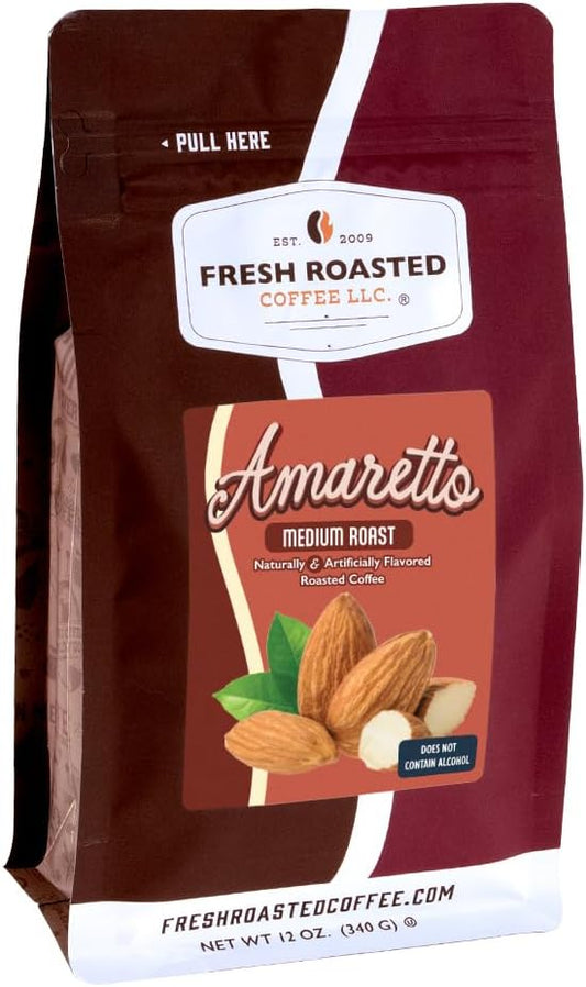 Fresh Roasted Coffee, Amaretto Flavored Whole Bean Coffee, Medium Roast, Kosher, 12 oz
