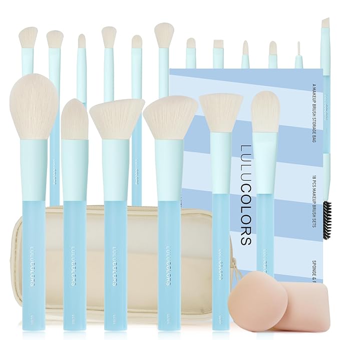 18-Piece Light Blue Professional Makeup Brush Set â Translucent Rubberized Handles, Soft Synthetic Bristles for Face & Eye Makeup â Includes Travel Bag & Sponges,Complete Brush Collection