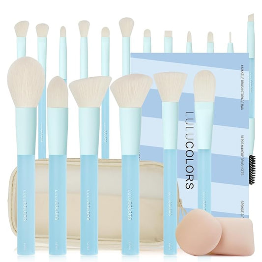 18-Piece Light Blue Professional Makeup Brush Set â Translucent Rubberized Handles, Soft Synthetic Bristles for Face & Eye Makeup â Includes Travel Bag & Sponges,Complete Brush Collection
