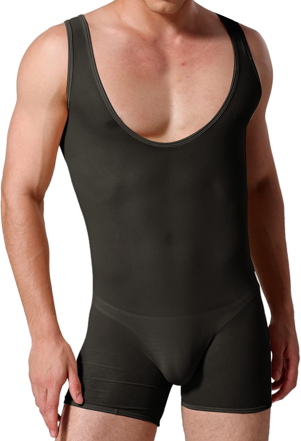 Men's See Throgh Stretch Sheer Mesh Sexy Lingerie One Piece Bodysuit Jumpsuits Underwear Wrestling Singlet Undershirt