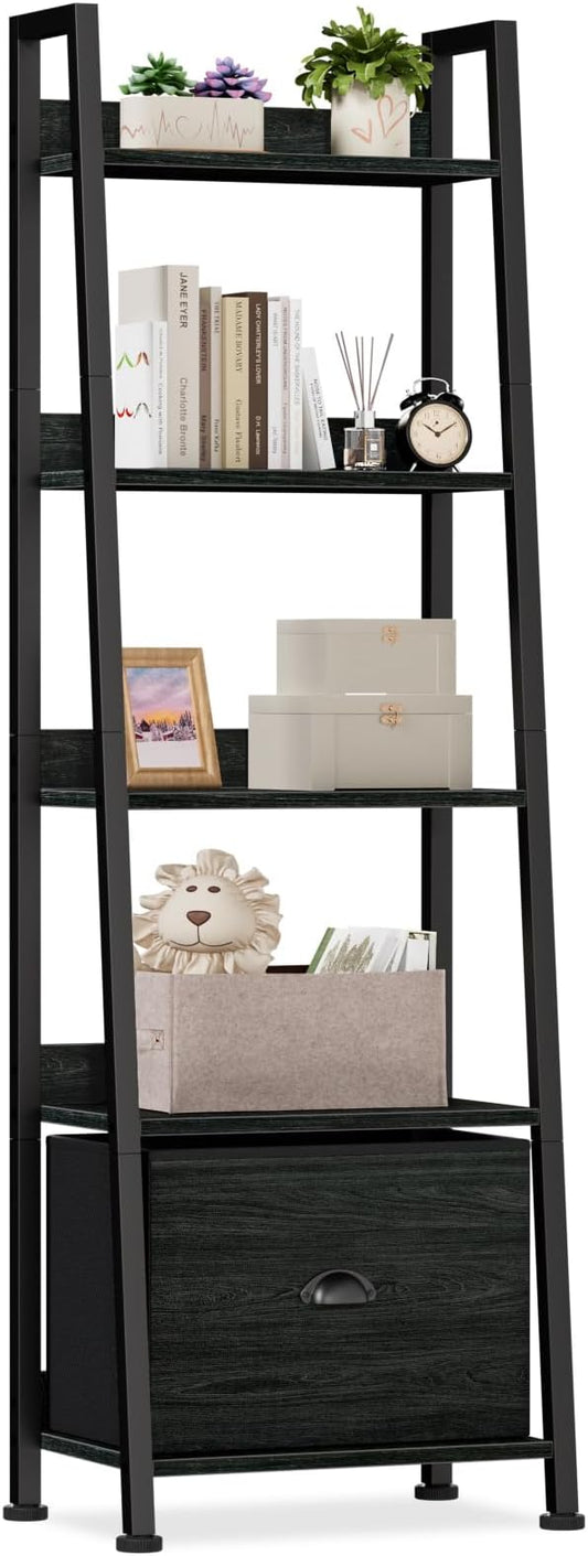 Furologee 5-Tier Ladder Shelf, Narrow Ladder Bookshelf with Drawer, 55.6âTall Industrial Bookcase Storage Rack Organizer, Freestanding Storage Shelve for Living Room, Home Office, Bedroom, Black Oak