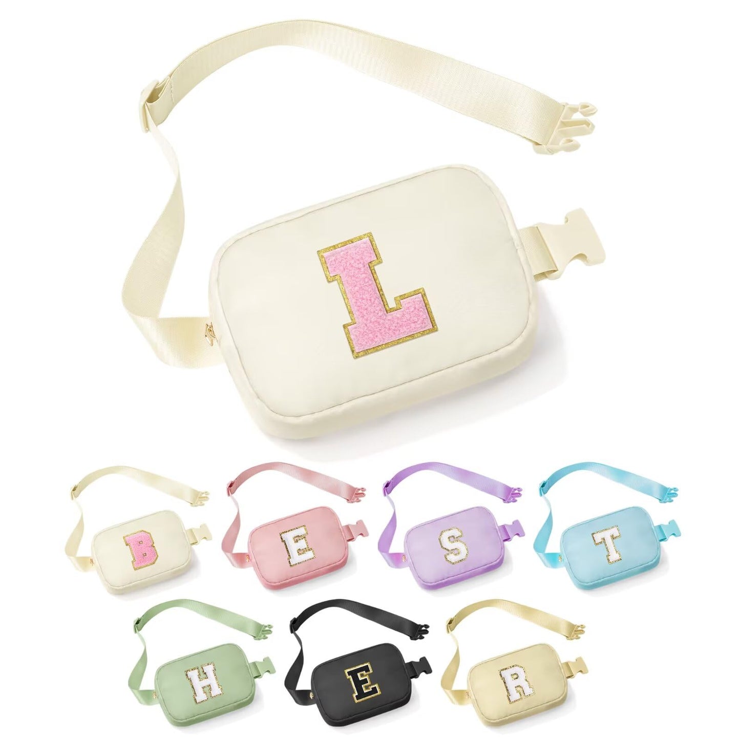 YOOLIFE Birthday Gifts for 3 4 5 6 7 8 9 10 11 12 13 Year Old Girls, Initial Fanny Pack for Girls Crossbody Bag Belt Bag Purse, Beige L