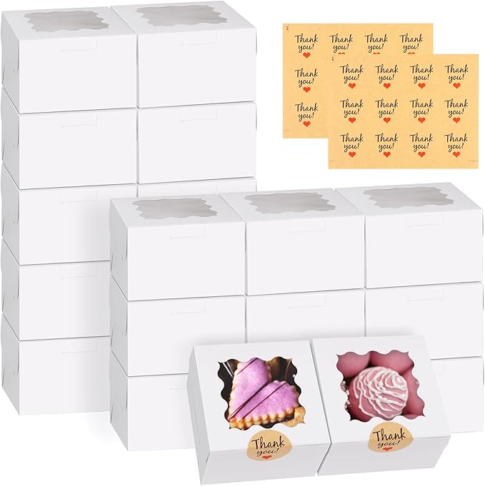 WINKIO 24pcs White Cookie Boxes, 4x4x2.5 Inches Bakery Boxes with Window, for Mini Cake Treat Dessert Pastry Donuts Macaroon Strawberries Chocolate Candy (with Stickers)