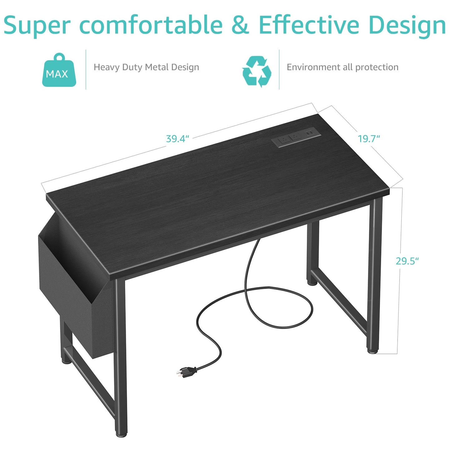 Lufeiya 39 inch Computer Desk with Power Outlet, 40 inch Teen Study Table Home Office Work Writing Desks with Charging Station Outlets Built in, Black