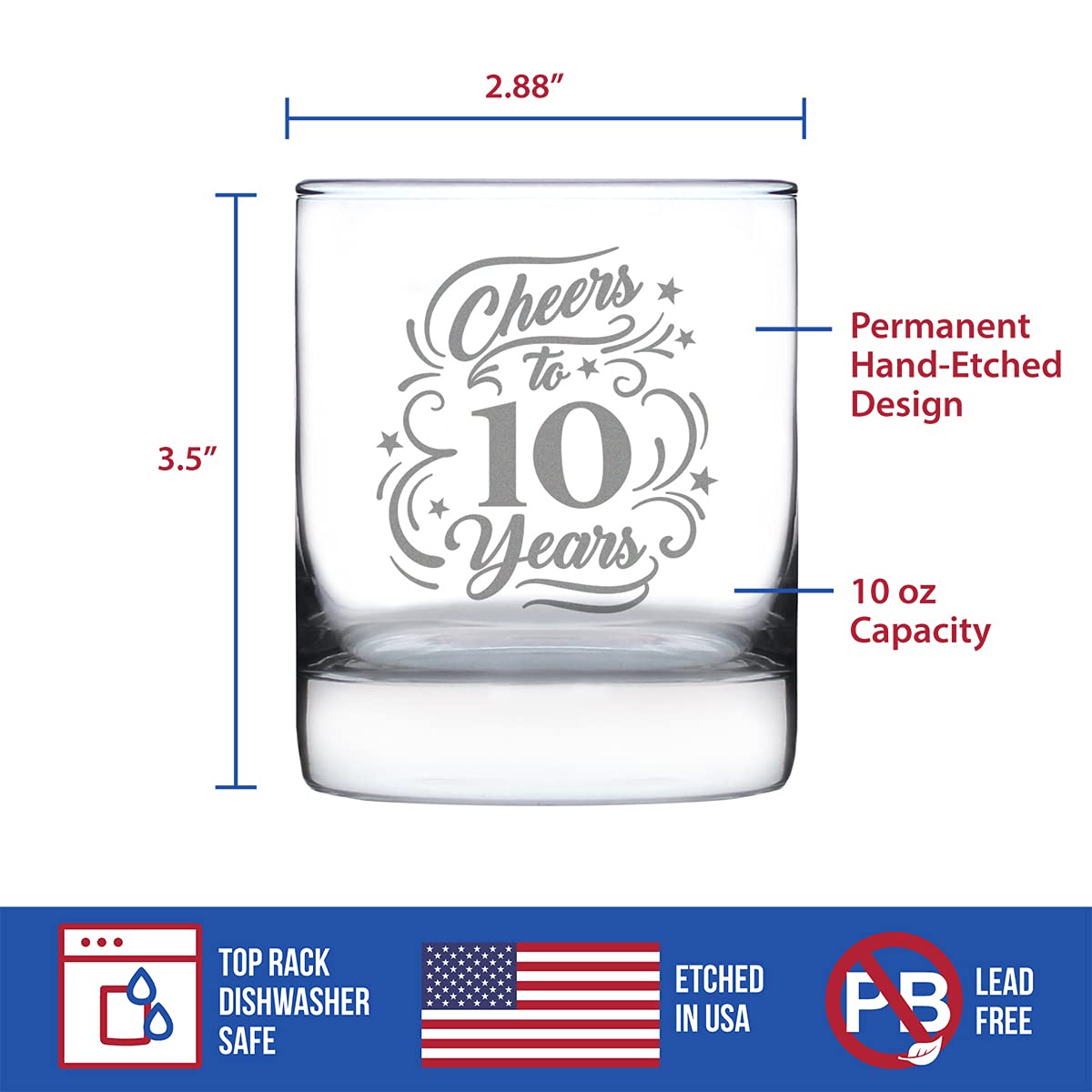 Bevvee Cheers to 10 Years - Whiskey Rocks Glass Gifts for Women & Men - 10th Anniversary Party Decor - 10.25 Oz Glass