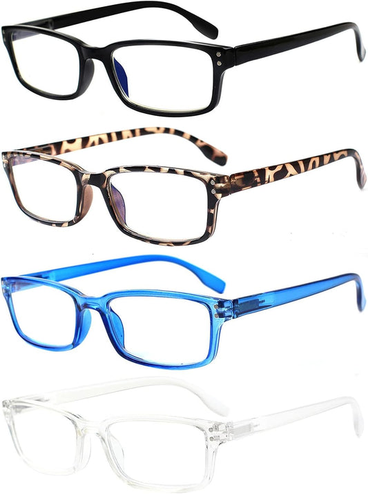 Kerecsen 4 Pack Reading Glasses for Men and Women with Spring Hinges, Lightweight Black Rectangular Readers Eyeglasses (4 Pack Mix Color, 2.0, x)