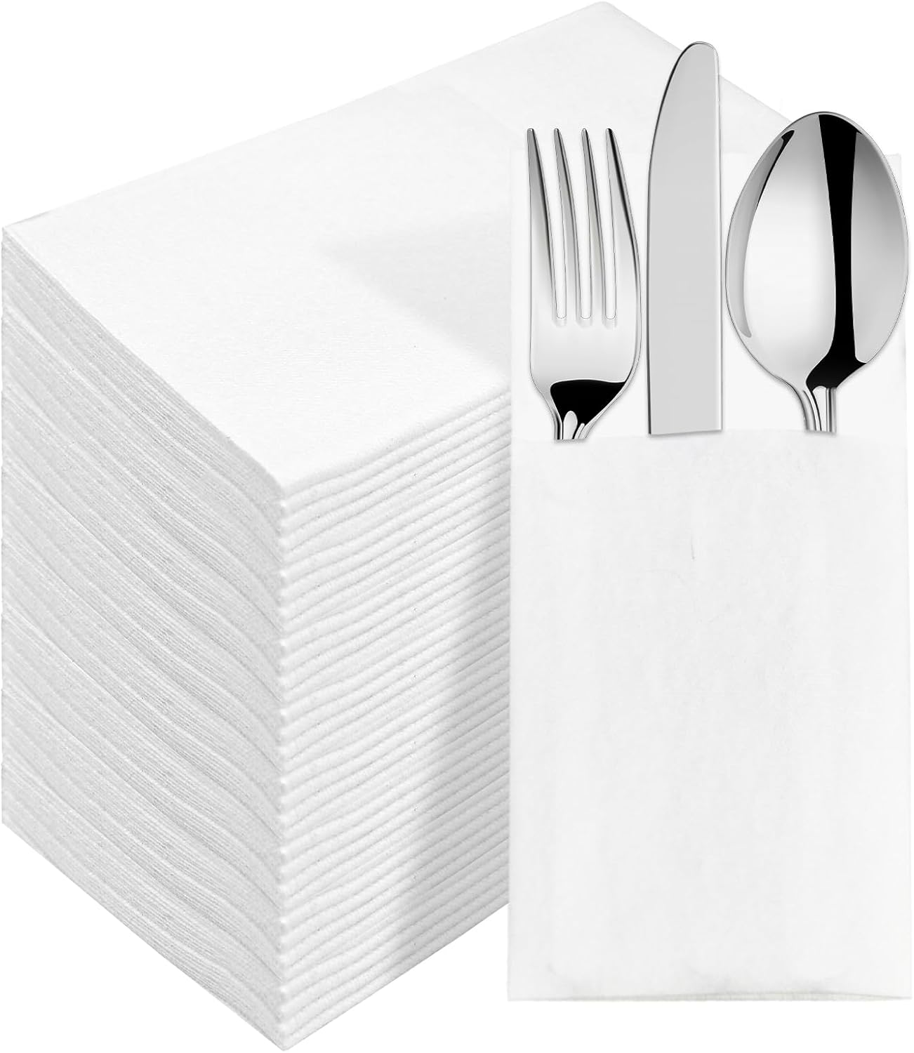 CXPSINC White Napkins Disposable with Pocket, 50Pcs Pre-Folded Airlaid Paper Dinner Napkins, Soft and Absorbent for Parties, Weddings, Dinners or Events